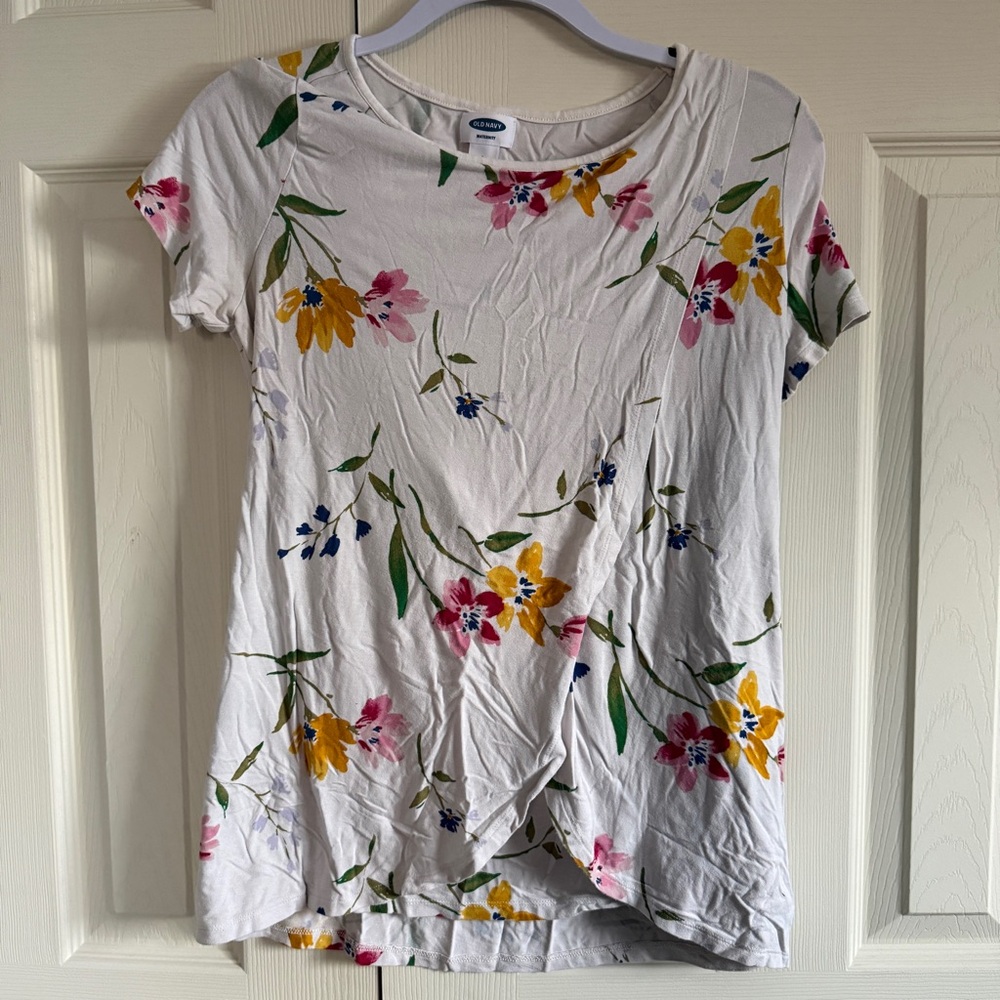 Old Navy White Short Sleeve Tee with Pink and Yellow Floral Print